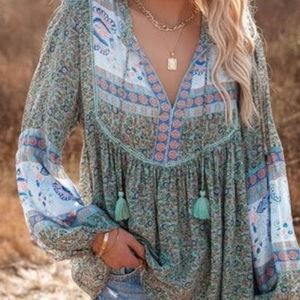 VICI Aqua Green Printed Boho/Peasant Rayon Top